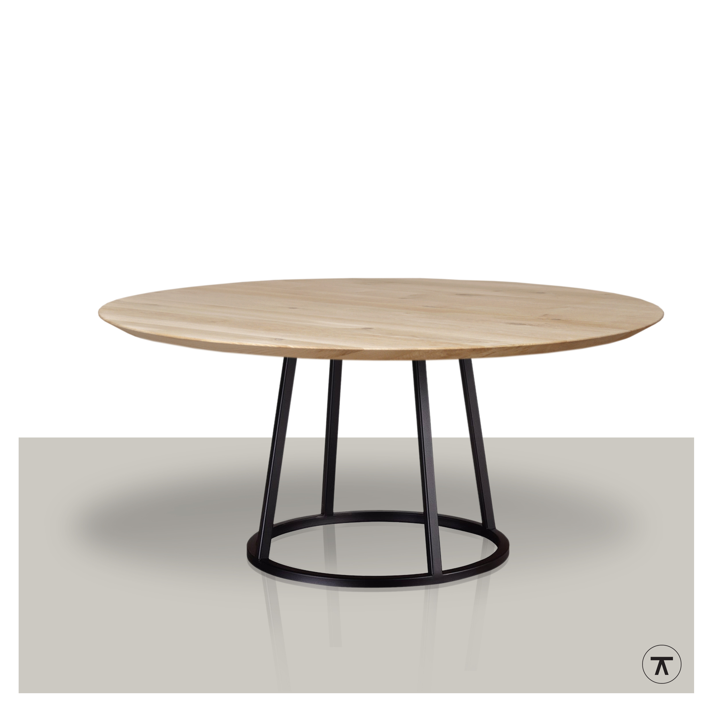 Ronde-eettafel-metalen-trapeze-rond-onderstel-massief-blank-eikenblad