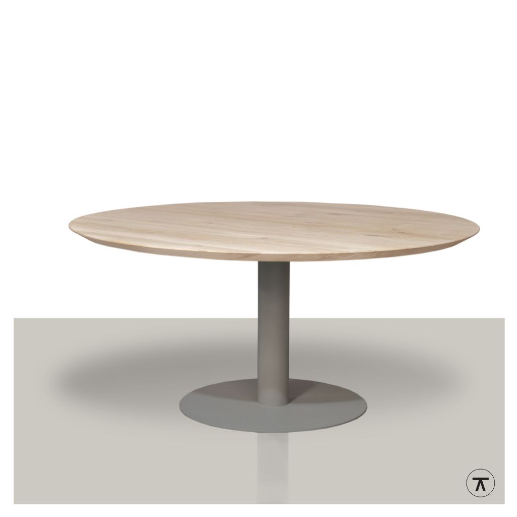 ronde eettafel eiken met champagne metalen onderstel