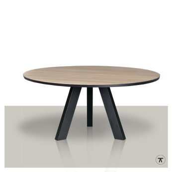 Ronde houten eettafel met zwarte rand en 3 metalen poten