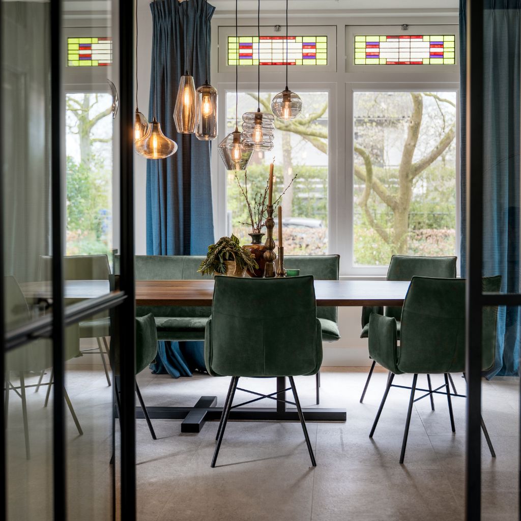 Eetkamerbank groen met dezelfde stoelen